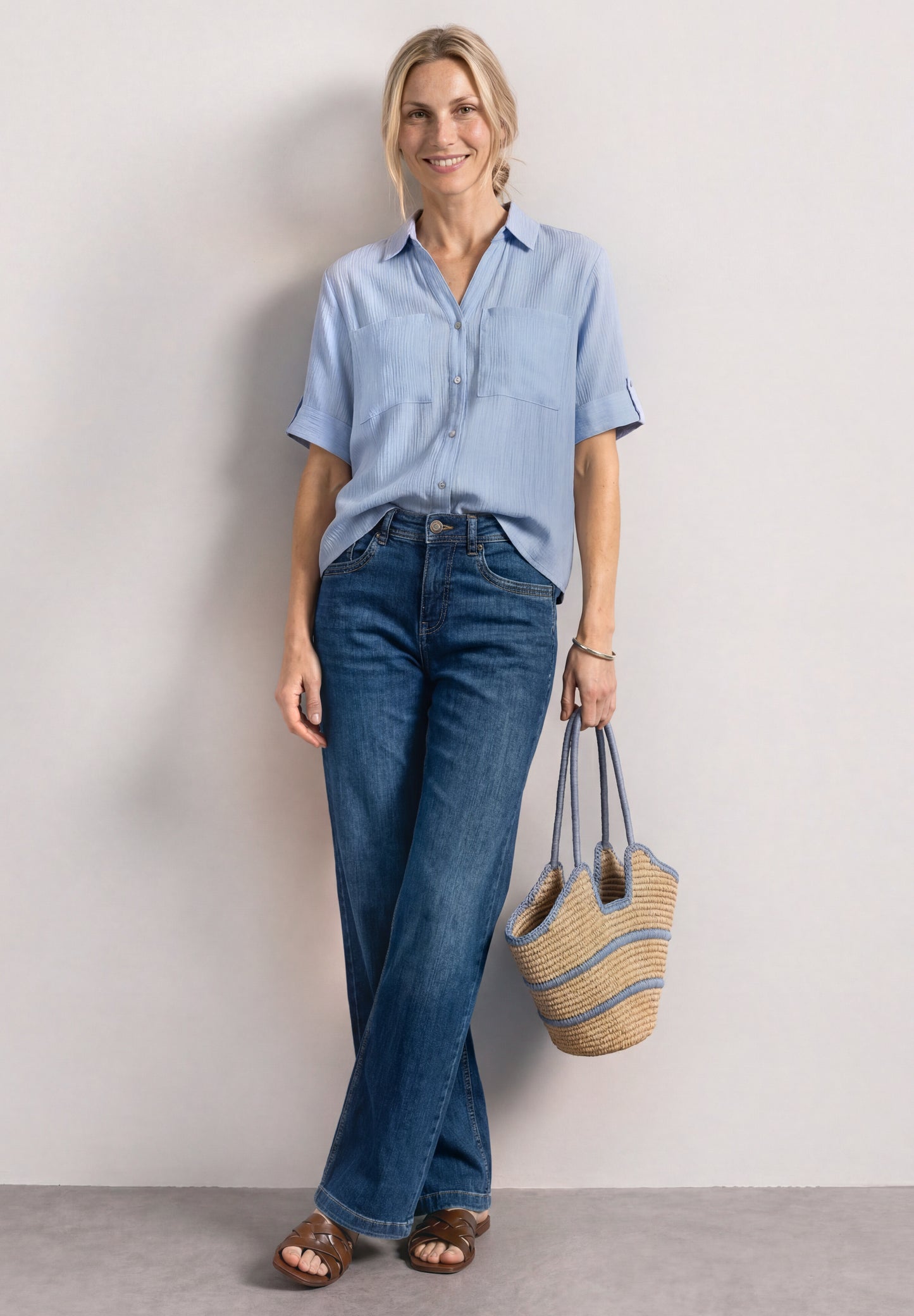 Street One - Kurzarm Hemdbluse mit Turn-Up-Details - Farbe: Blau