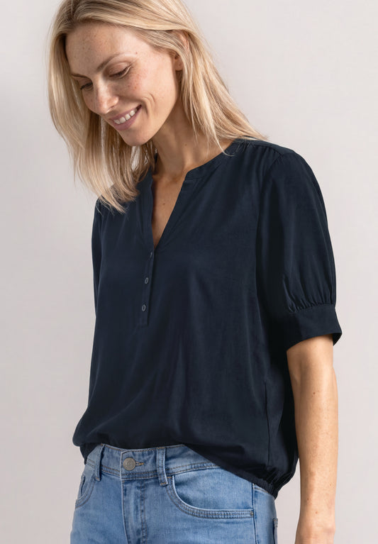 Street One - Kurzarm Bluse mit Split Neck und Elastiksaum - Farbe: darkest blue