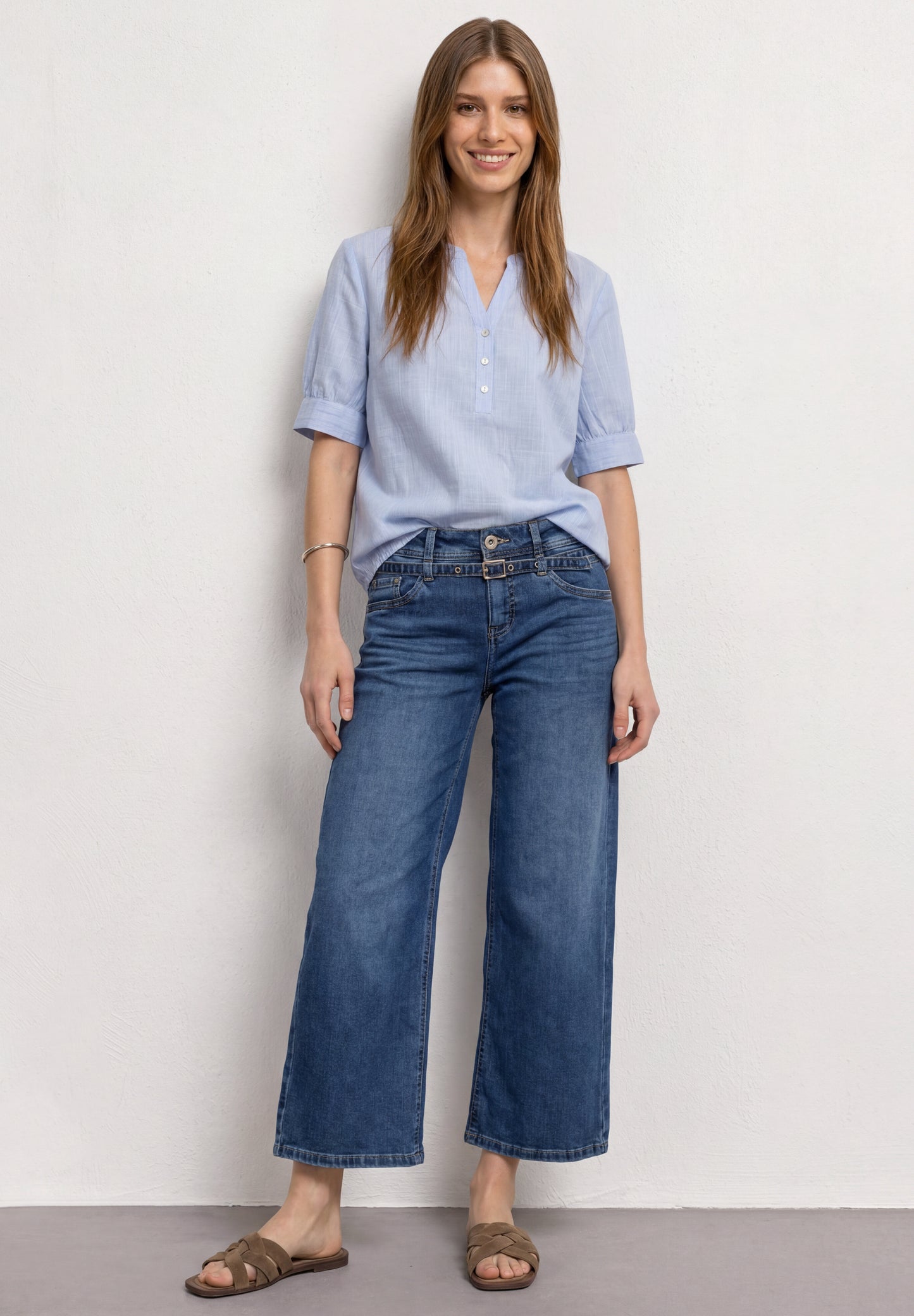 Street One - Chambray Bluse mit Split Neck und Elastiksaum - Farbe: original blue
