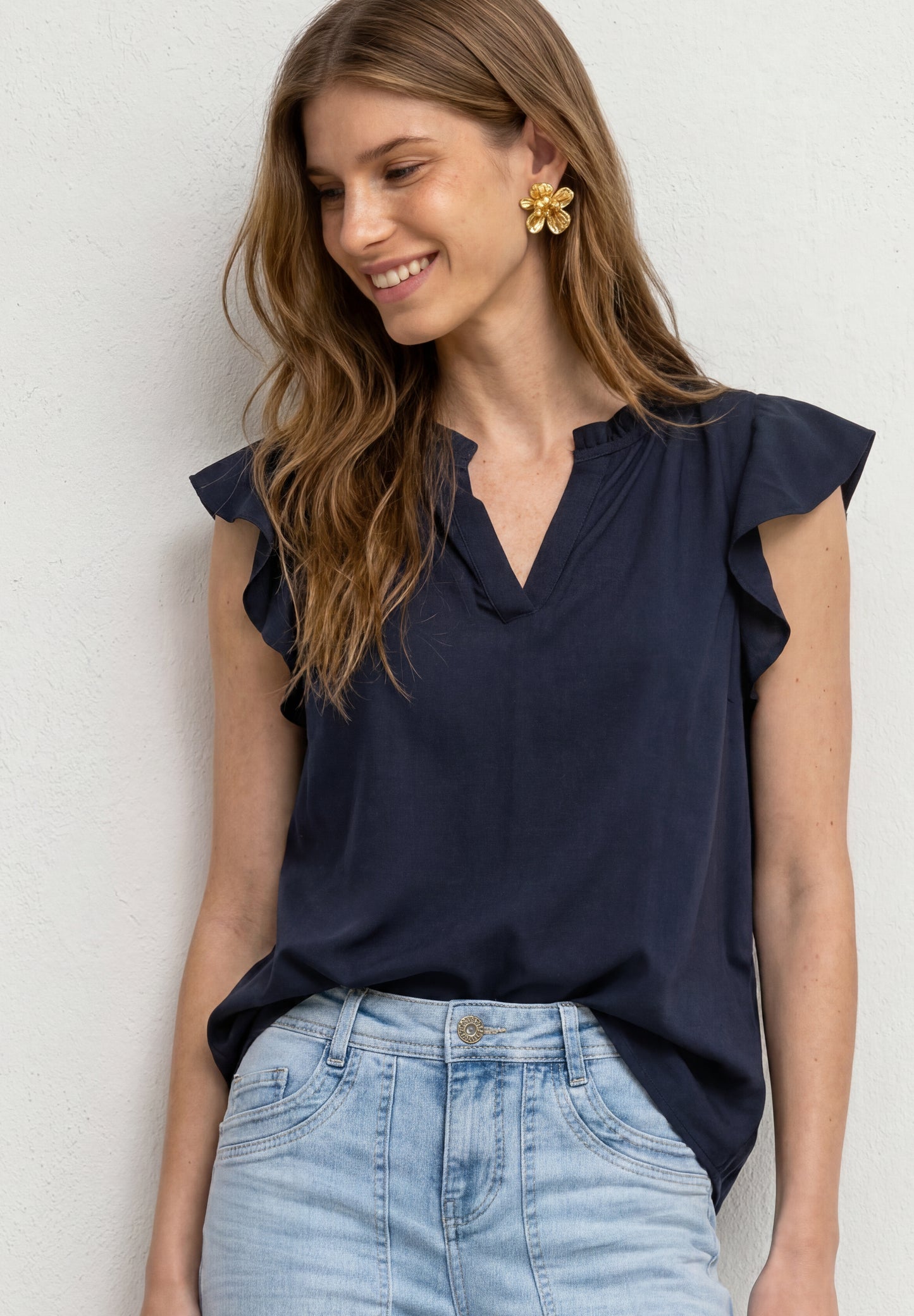Street One - Blusenshirt mit Split Neck und Volant-Ãrmeln - Farbe: darkest blue