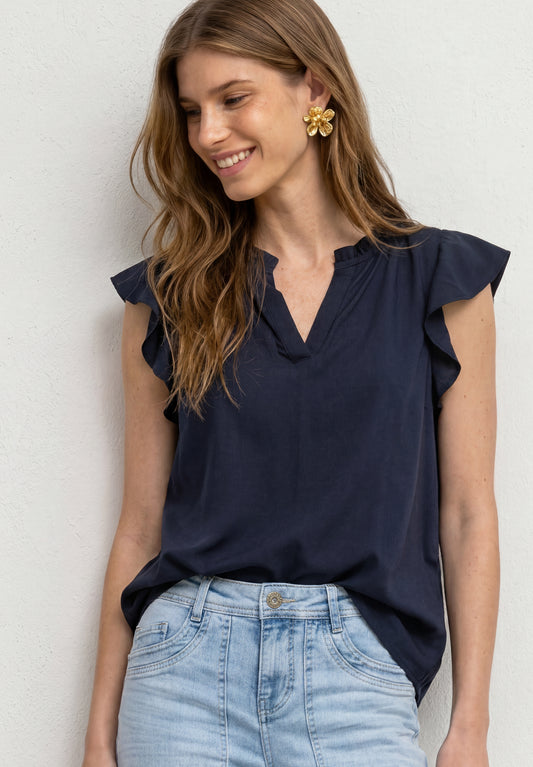 Street One - Blusenshirt mit Split Neck und Volant-Ãrmeln - Farbe: darkest blue