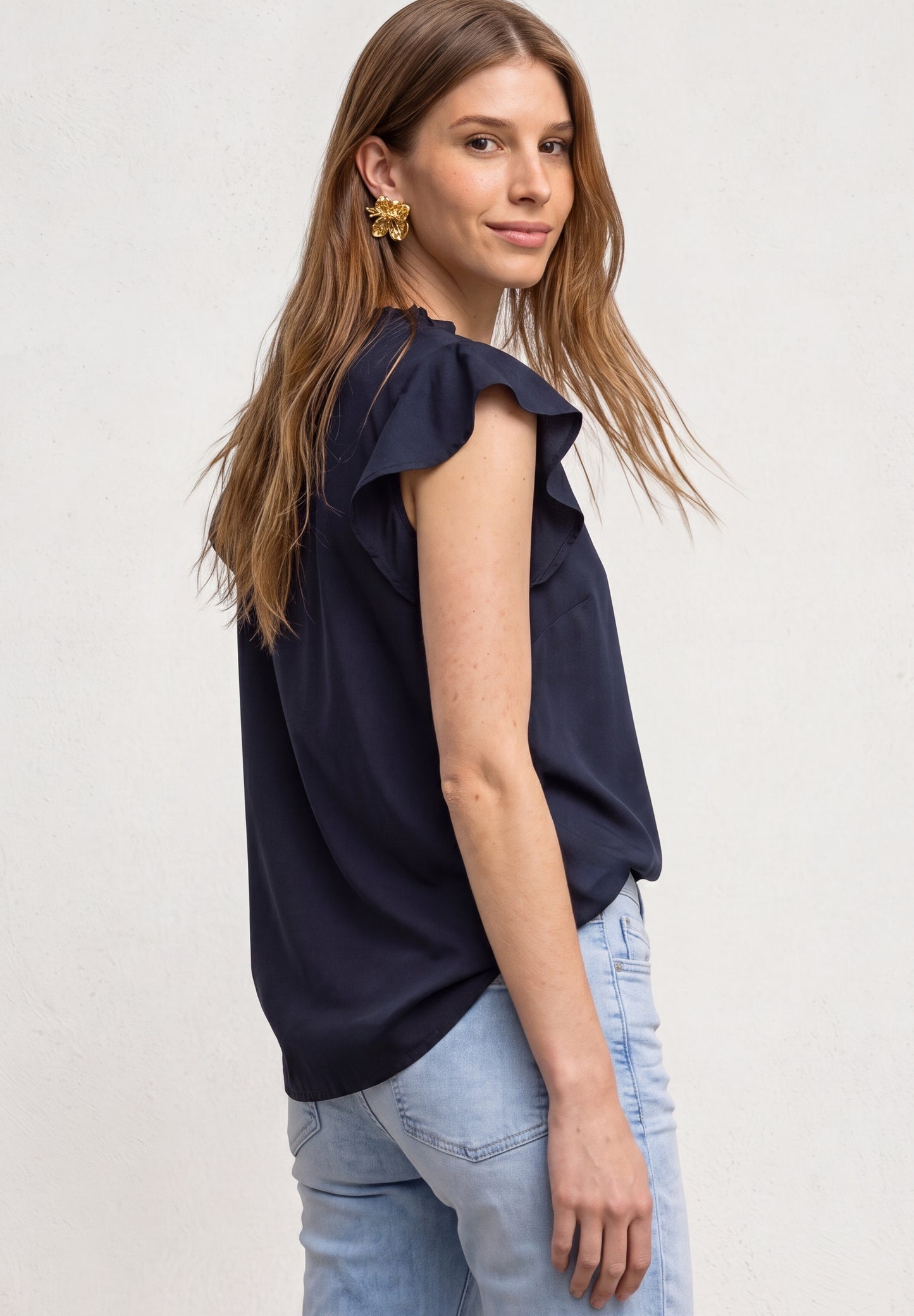 Street One - Blusenshirt mit Split Neck und Volant-Ãrmeln - Farbe: darkest blue
