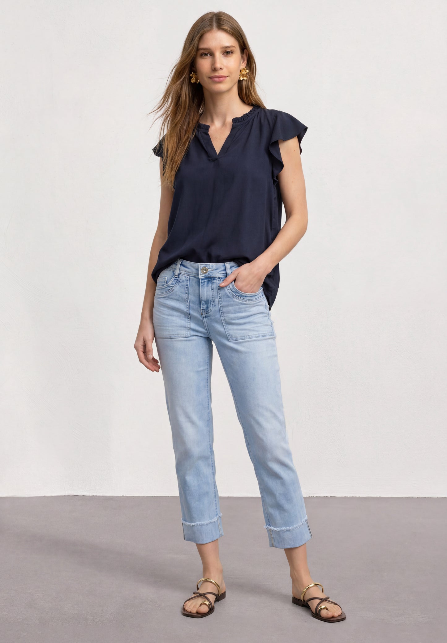 Street One - Blusenshirt mit Split Neck und Volant-Ãrmeln - Farbe: darkest blue