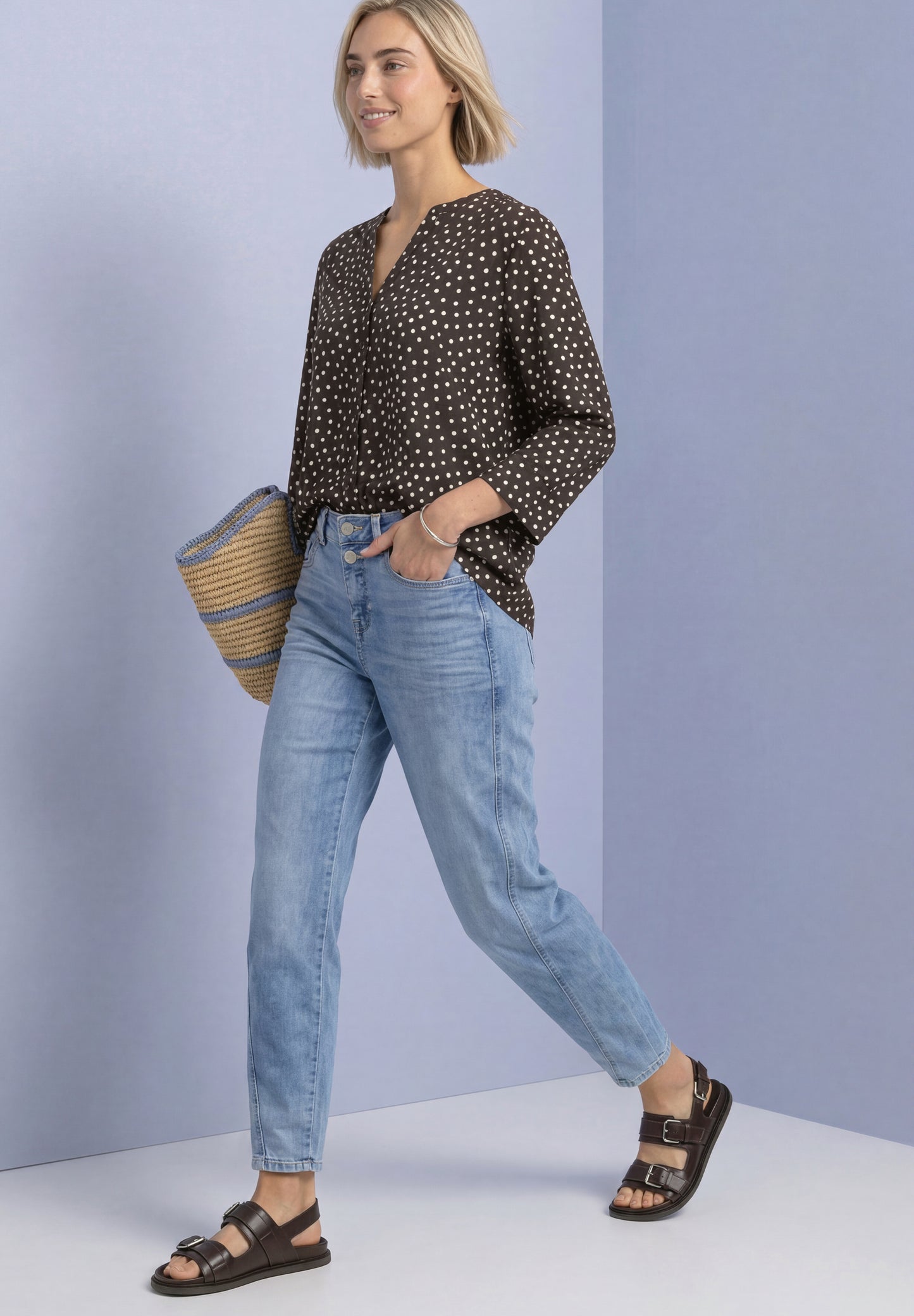 Street One - 3/4-Arm Bluse mit Split Neck und Print - Farbe: black coffee