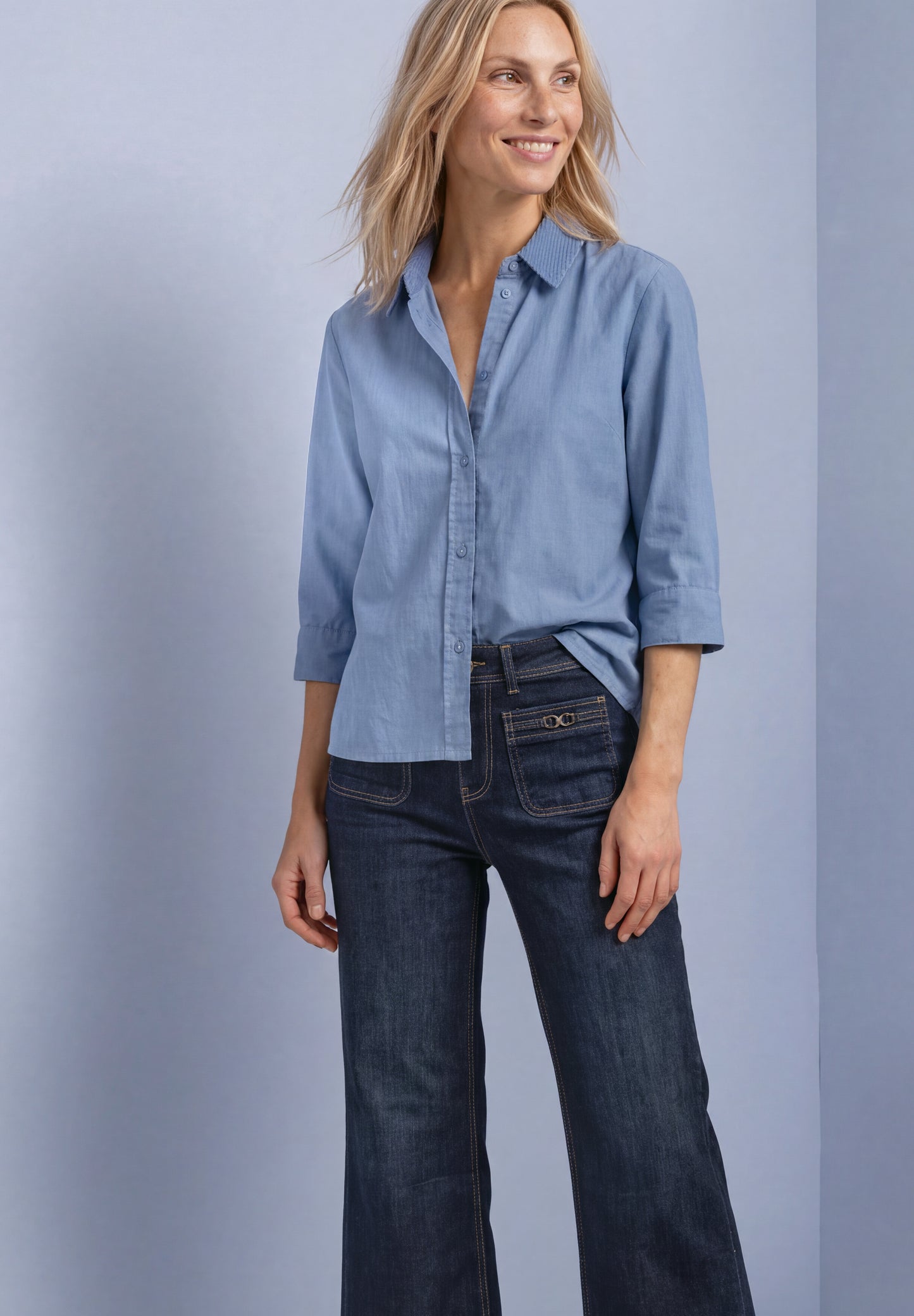 Street One - 3/4 Arm Hemdbluse mit Cordmix - Farbe: northern blue