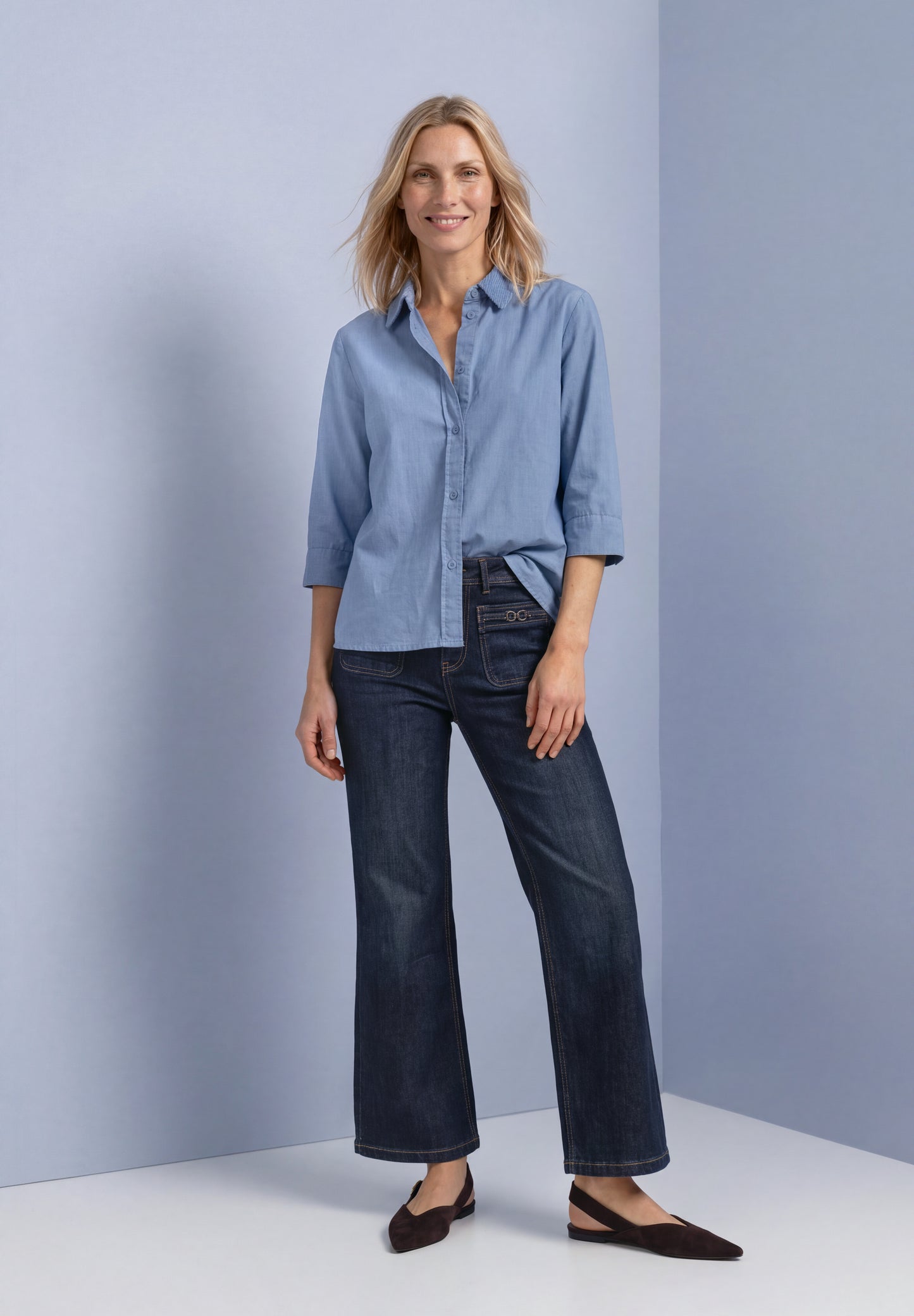 Street One - 3/4 Arm Hemdbluse mit Cordmix - Farbe: northern blue