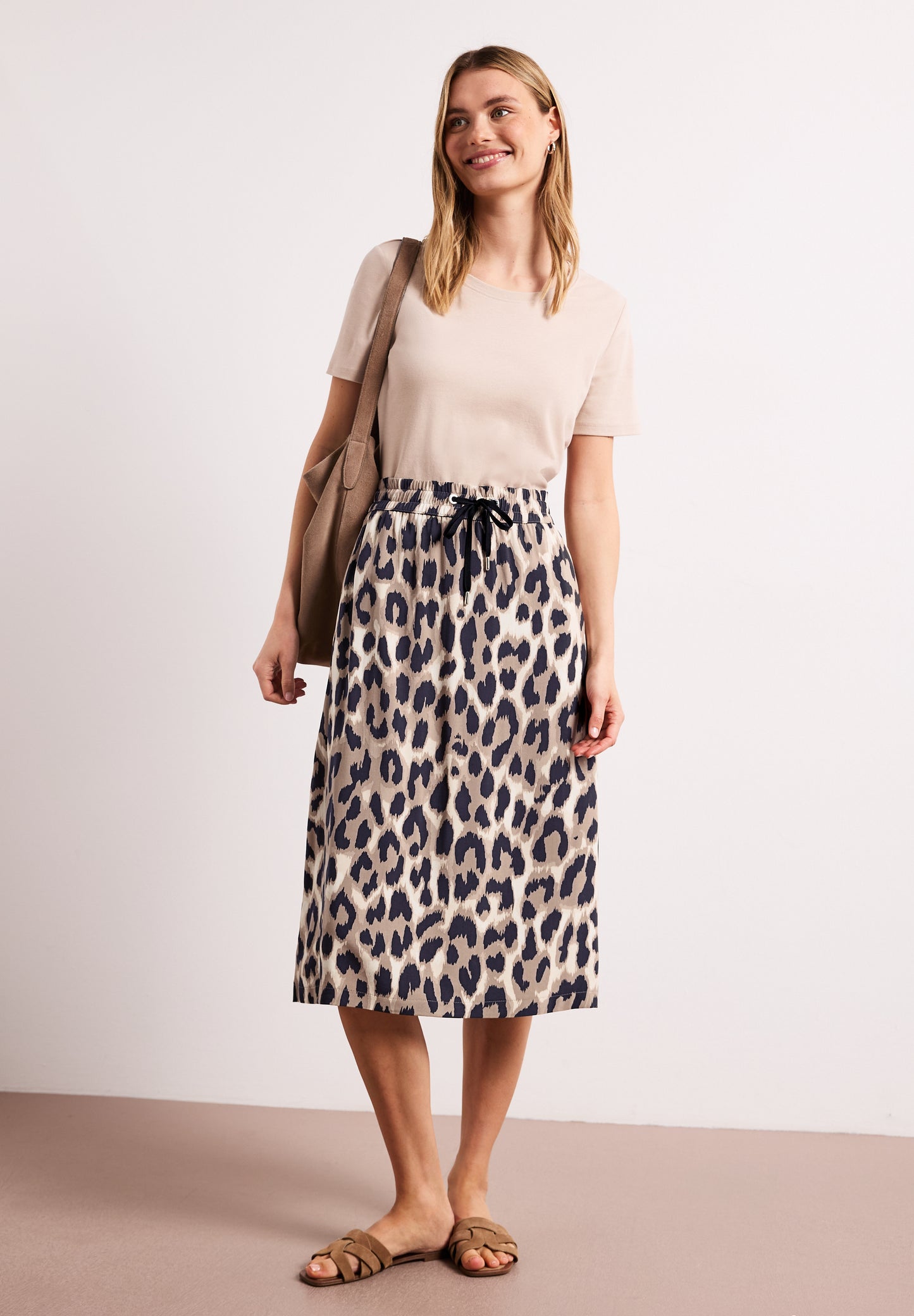 Street One - Midi-Rock mit Elastikbund und Print - Farbe: timeless beige
