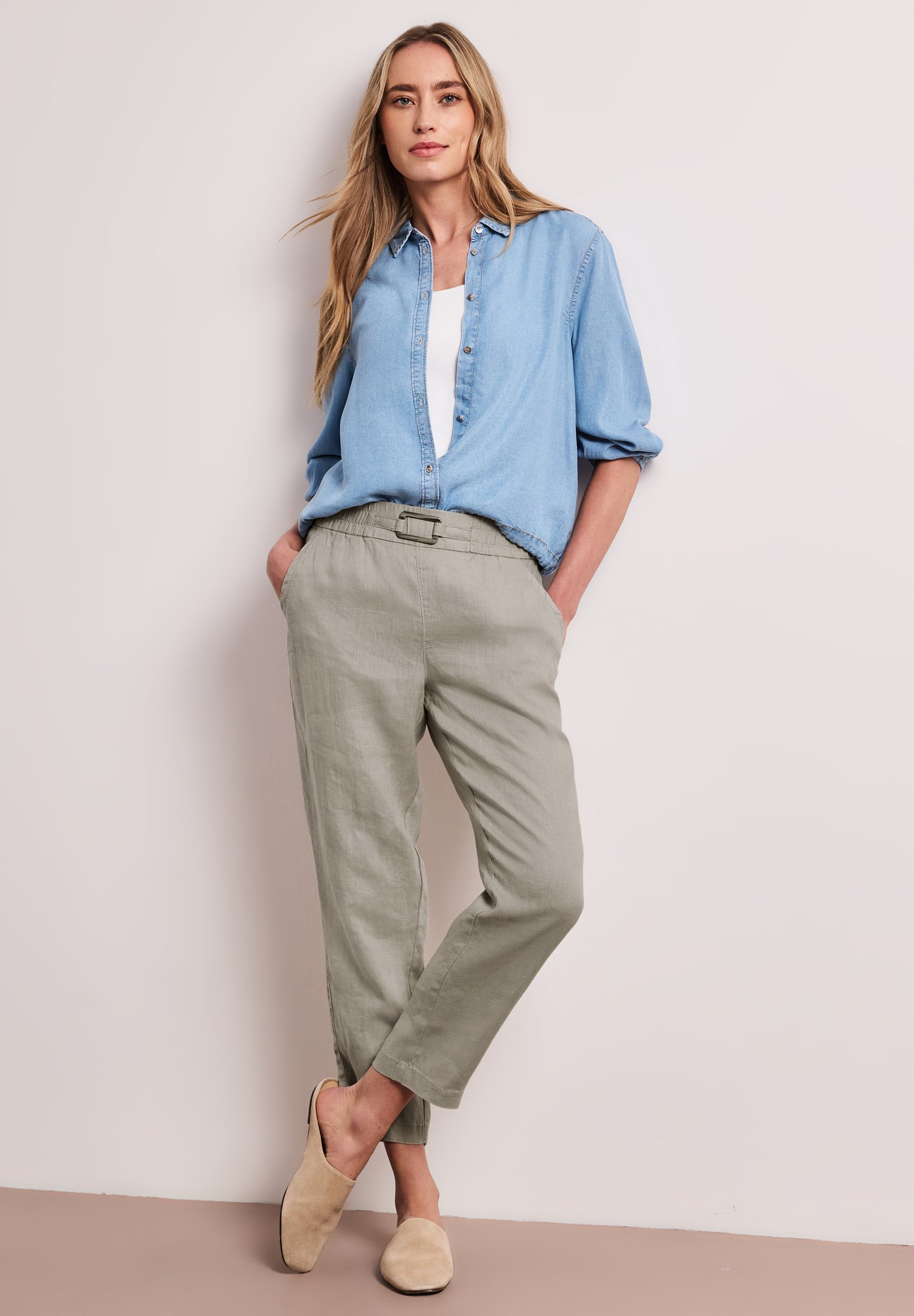Street One - Slim Leg Hose aus Leinen mit Schnalle - Farbe: timeless beige