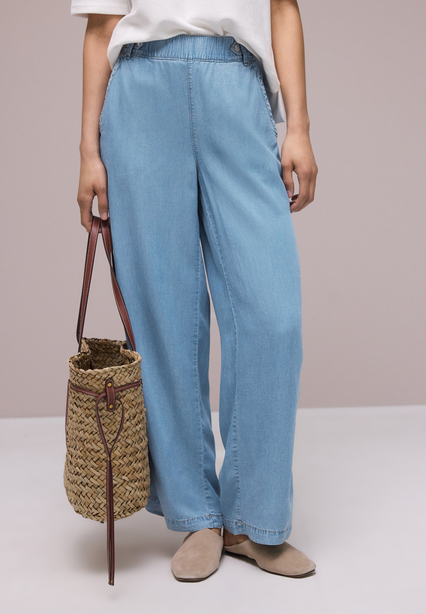 Street One - High Waist Wide Leg Hose mit Knopfdetails - Farbe: Light Blue soft wash