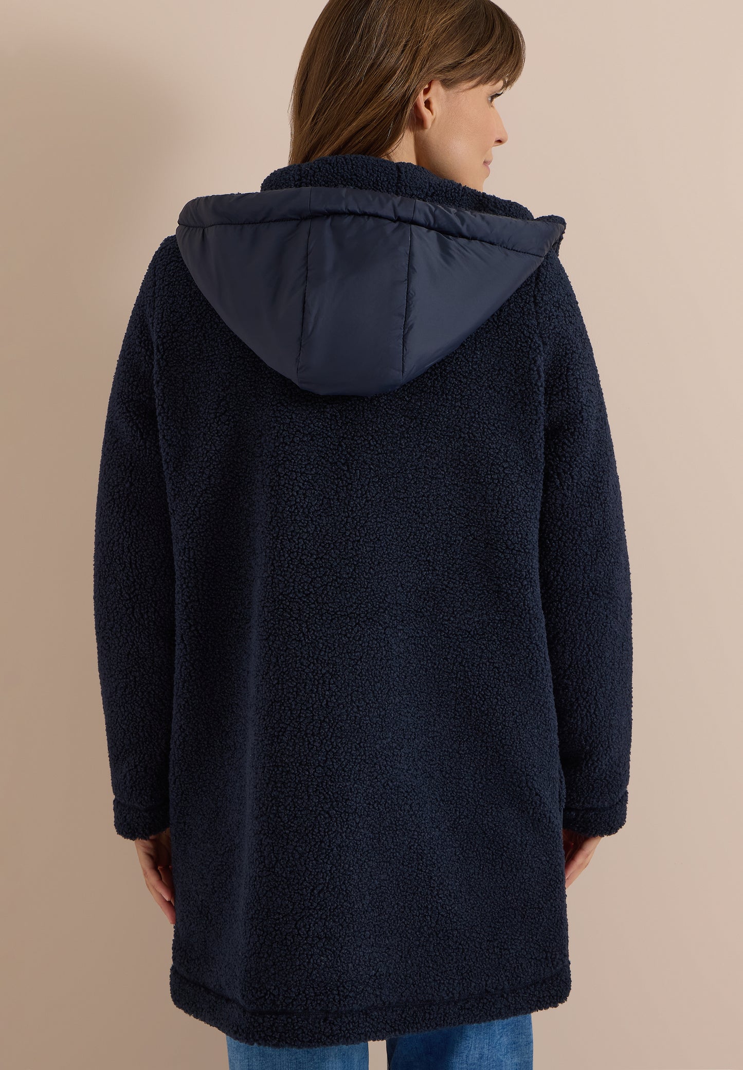 CECIL - Strukturmix Teddy-Mantel mit Kapuze - Farbe: dark navy blue