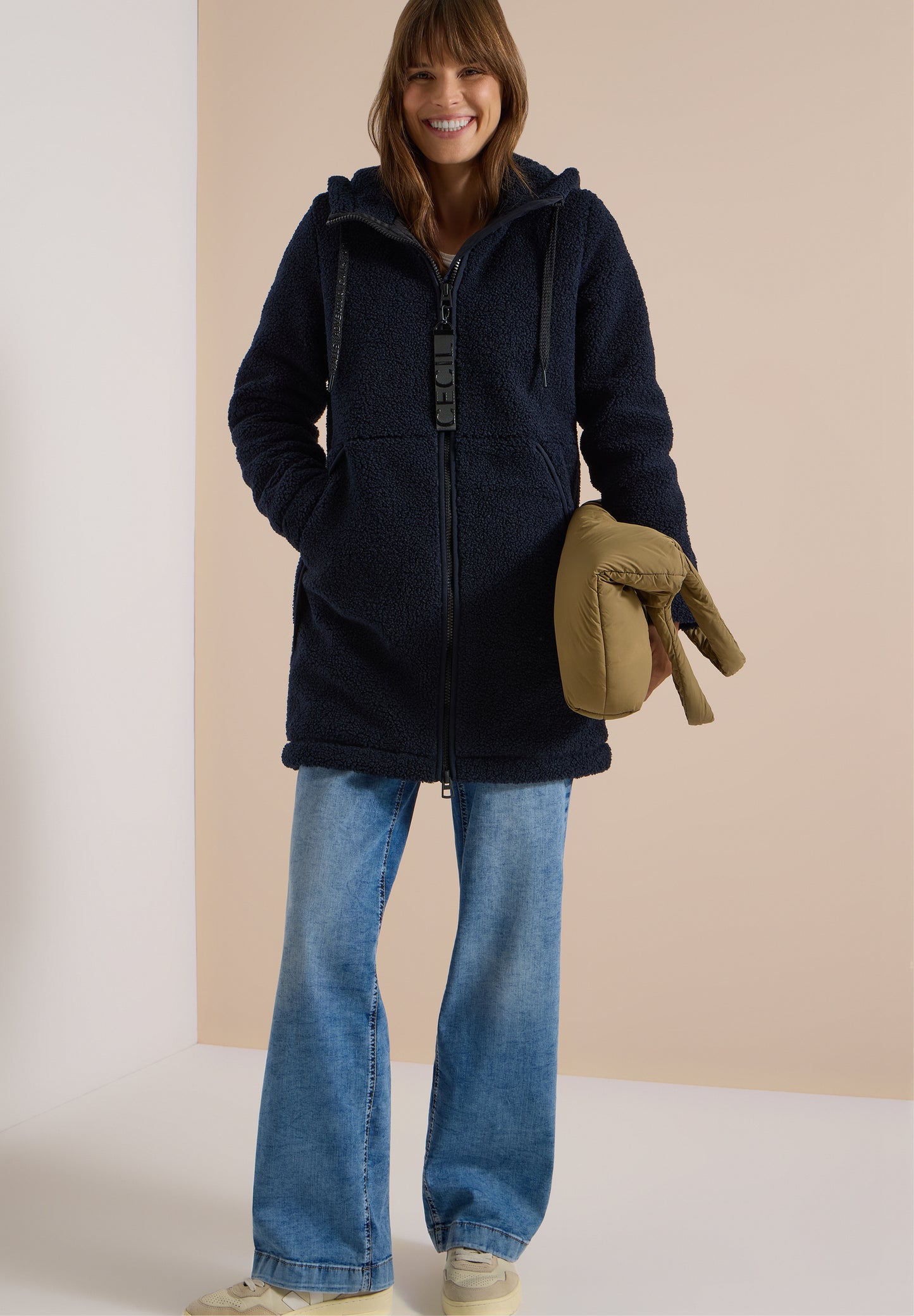 CECIL - Strukturmix Teddy-Mantel mit Kapuze - Farbe: dark navy blue
