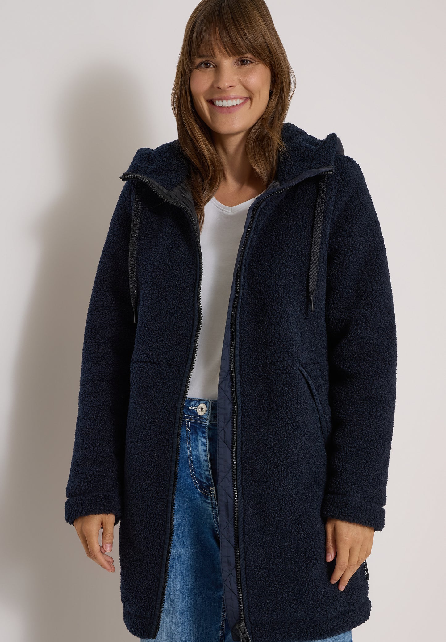 CECIL - Strukturmix Teddy-Mantel mit Kapuze - Farbe: dark navy blue