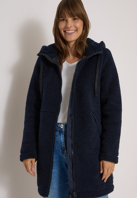 CECIL - Strukturmix Teddy-Mantel mit Kapuze - Farbe: dark navy blue