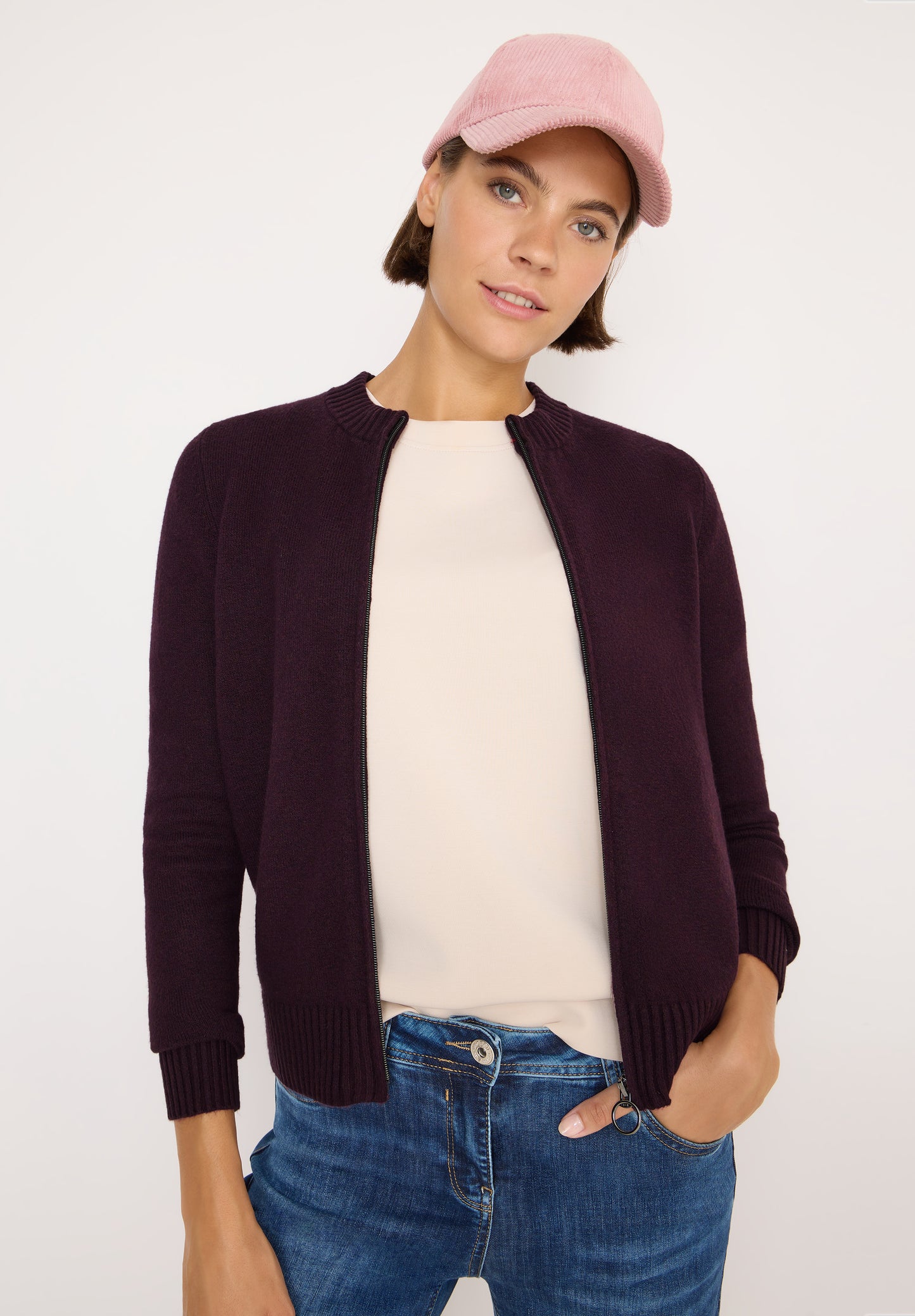 CECIL Cosy Cardigan mit Zipper - Farbe: eggplant red melange