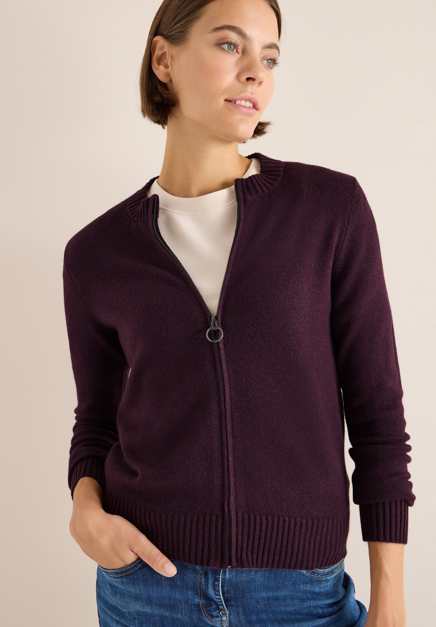 CECIL Cosy Cardigan mit Zipper - Farbe: eggplant red melange