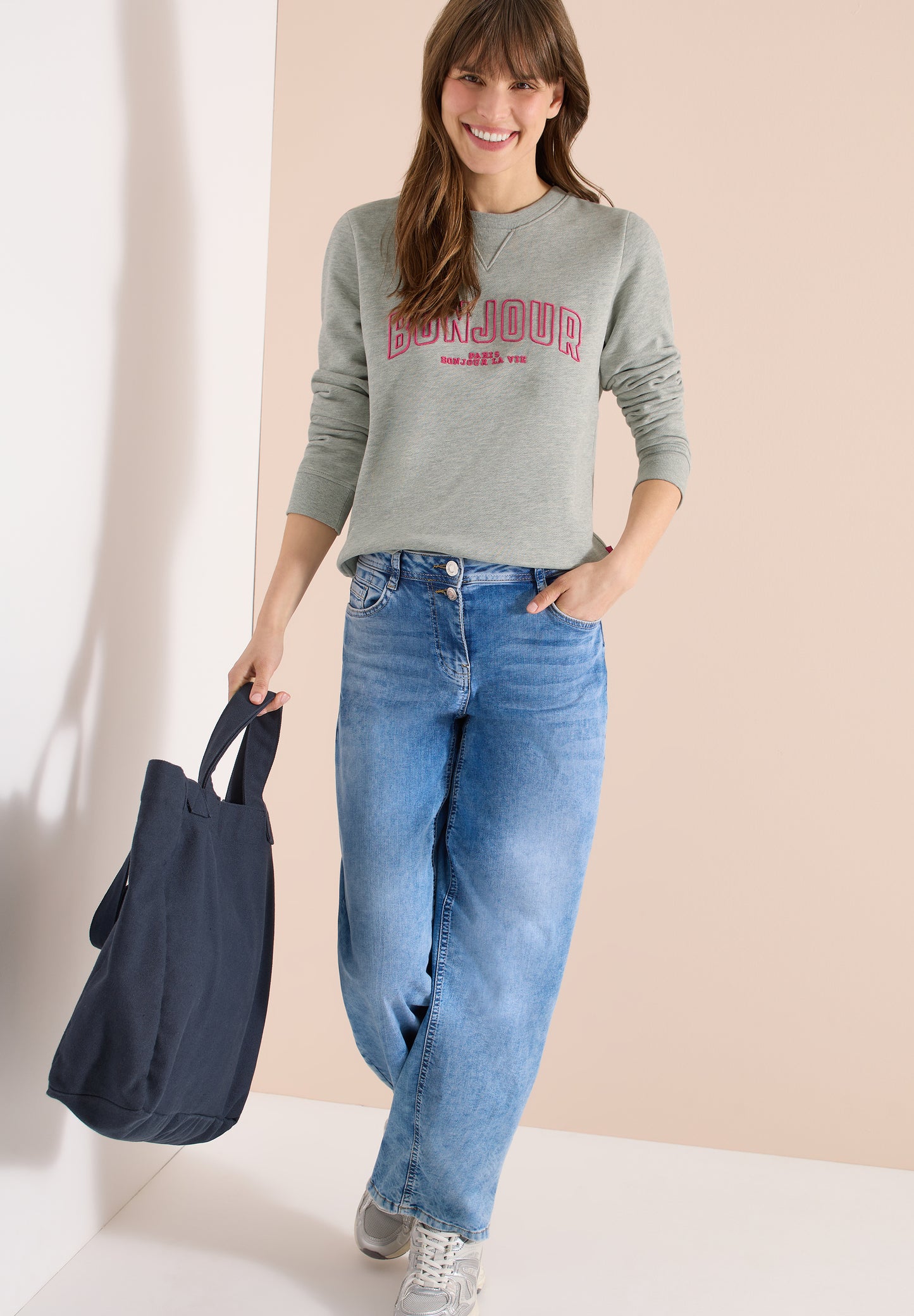 CECIL - Langarm Sweatshirt mit Stickerei - Farbe: milky grey melange