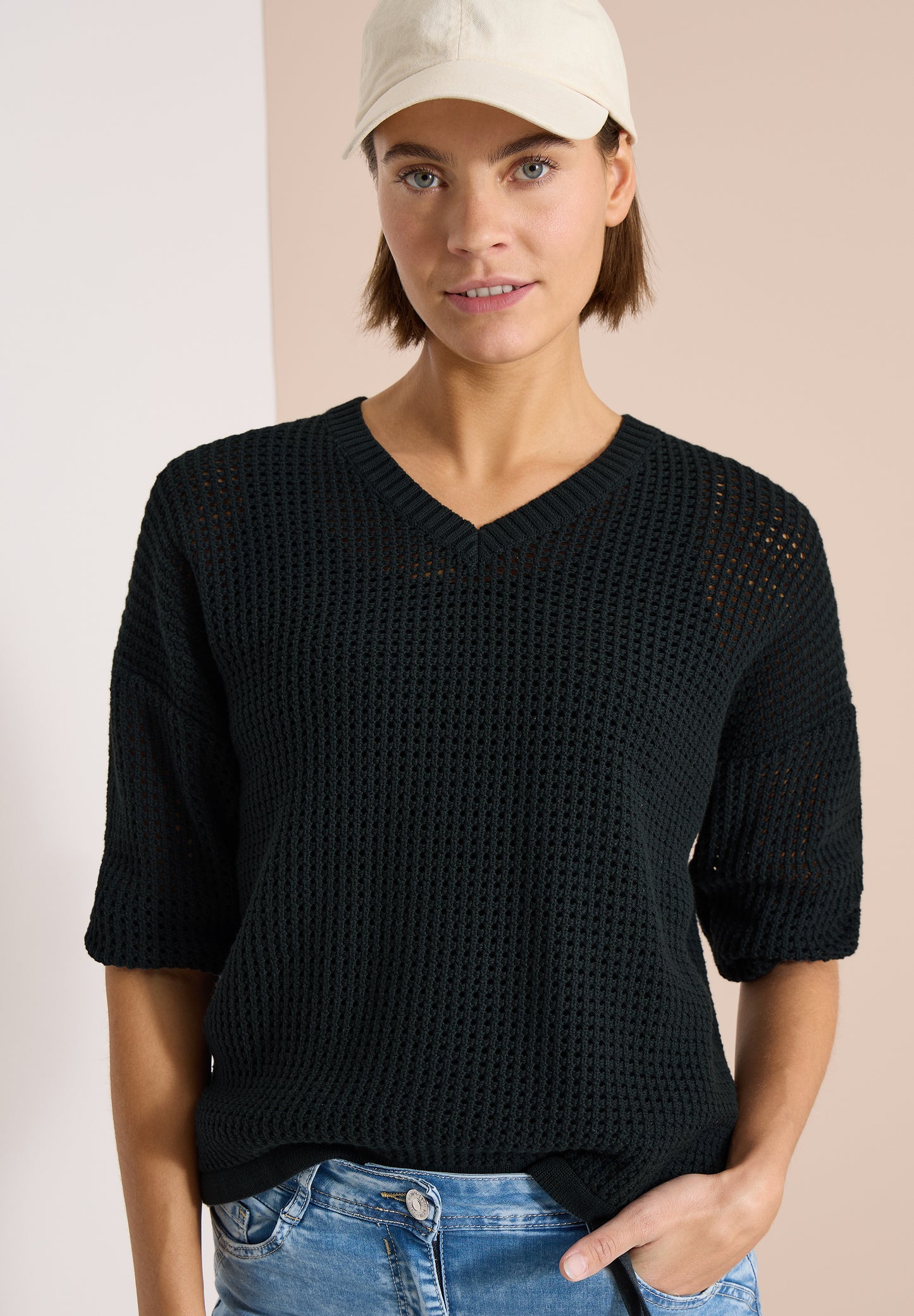CECIL - Kurzarm Pullover im Crochet-Look - Farbe: palm breeze green