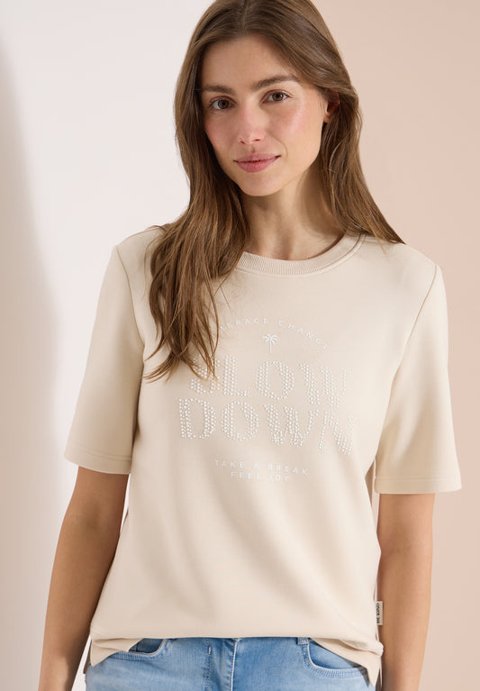 CECIL - Kurzarm Sweatshirt mit Wording - Farbe: pearl beige