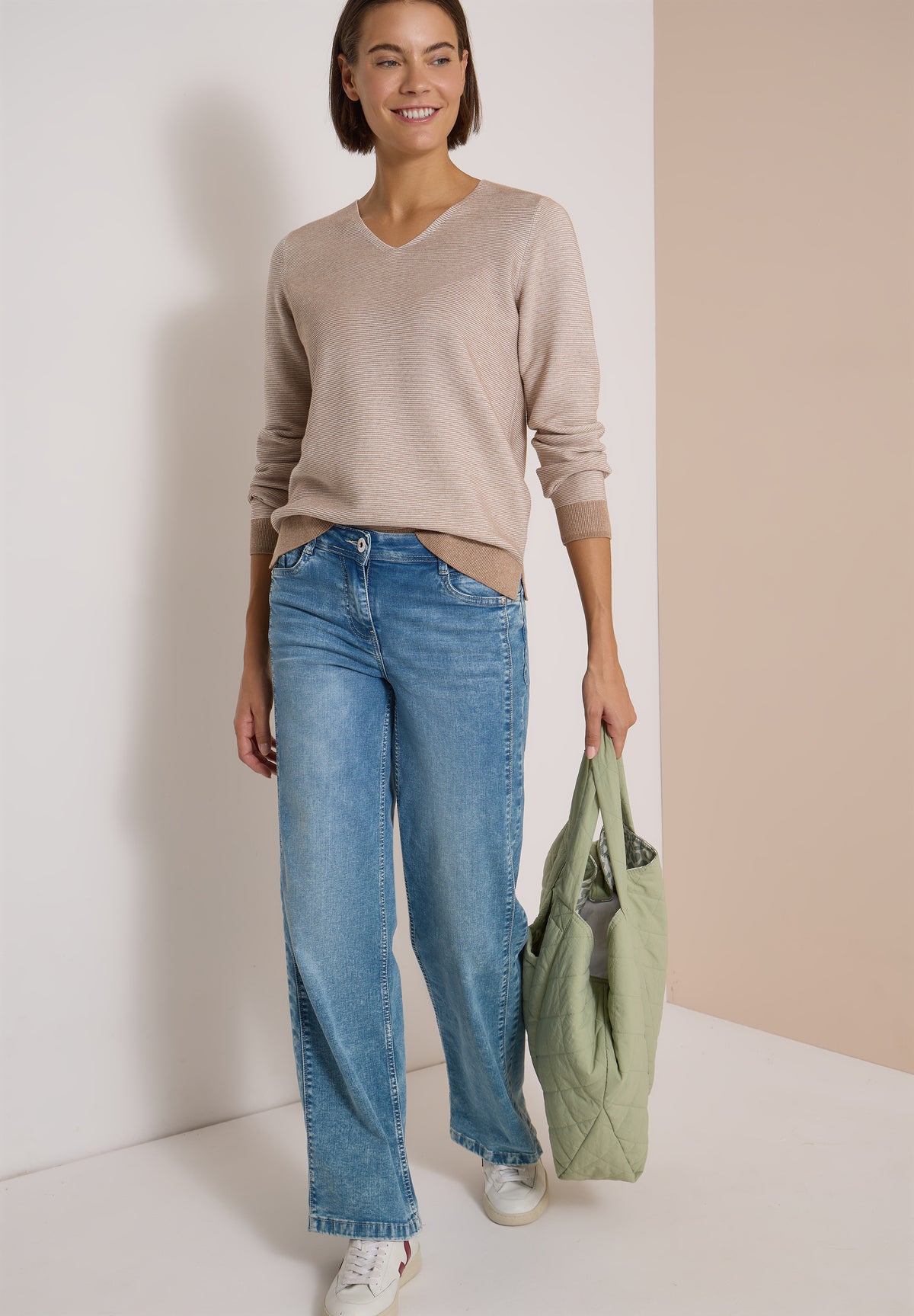 CECIL - Pullover im Two-Tone-Look mit V-Neck - Farbe: creamy mocha melange