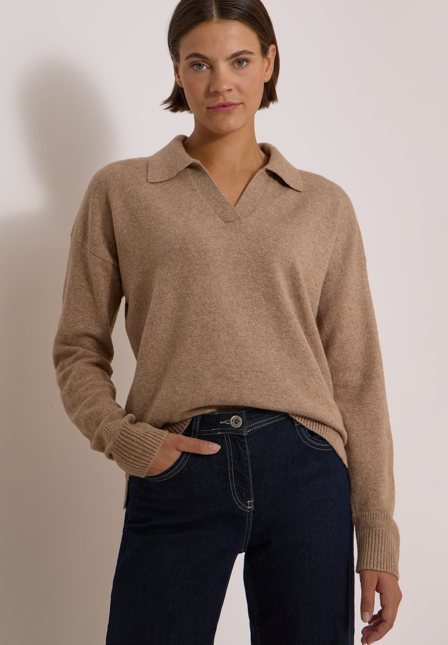 CECIL - Langarm Pullover mit Polokragen - Farbe: creamy mocha melange