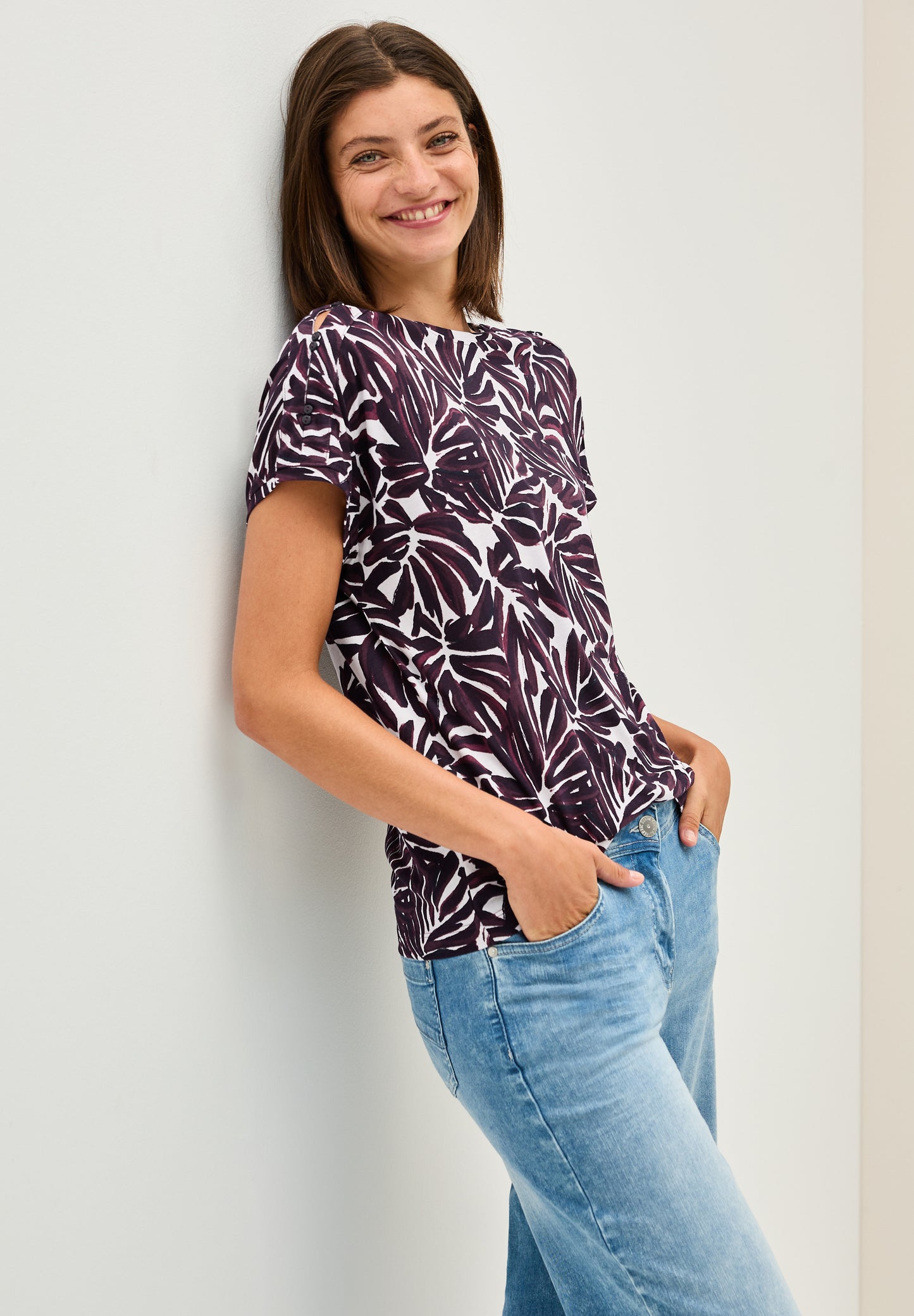 CECIL Print-Shirt mit Knopfdetail - Farbe: mulberry red