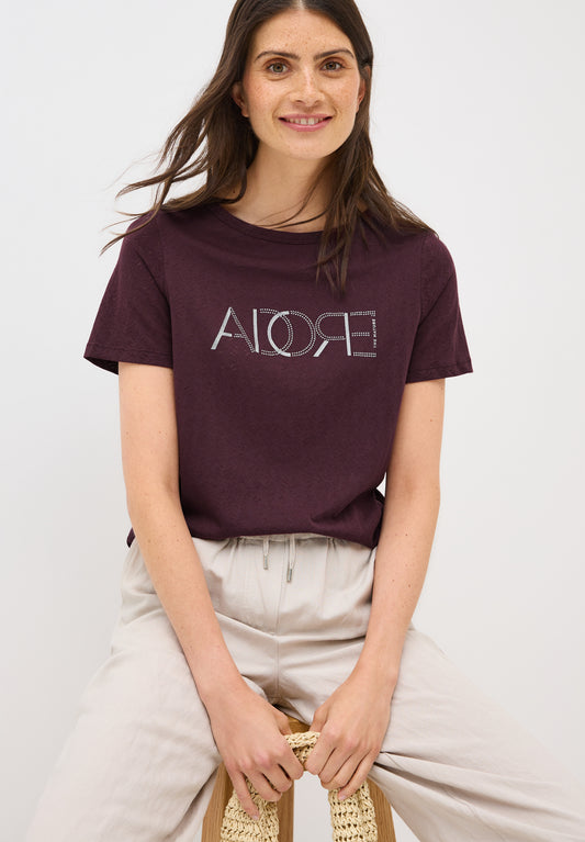 CECIL Ausbrenner-Shirt mit Wording - Farbe: mulberry red
