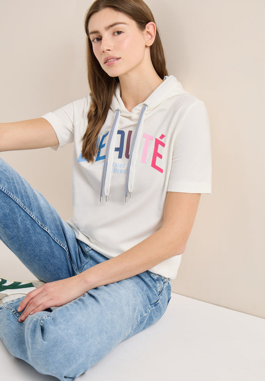 CECIL - Kurzarm T-Shirt mit Kapuze und Print - Farbe: vanilla white