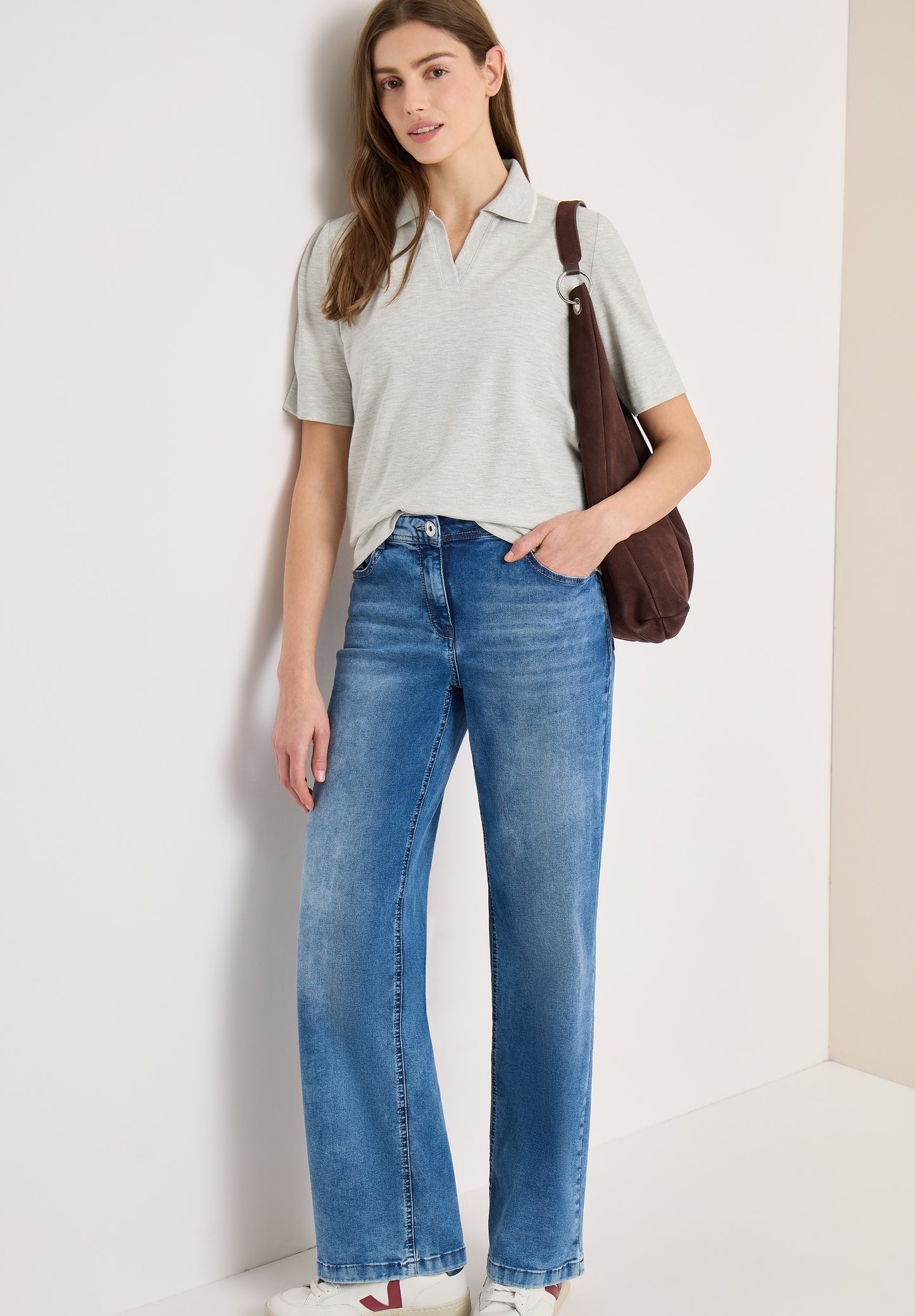 CECIL - Kurzarm Poloshirt - Farbe: milky grey melange