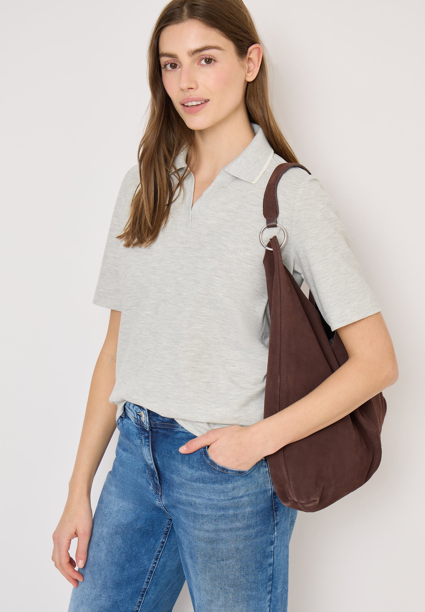CECIL - Kurzarm Poloshirt - Farbe: milky grey melange