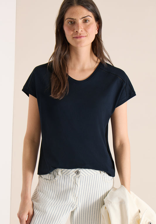 CECIL - T-Shirt mit V-Neck und Spitzendetail - Farbe: universal blue