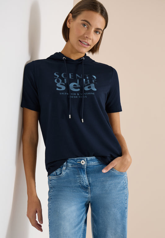 CECIL - Kurzarm Shirt mit Kapuze und Wording - Farbe: universal blue