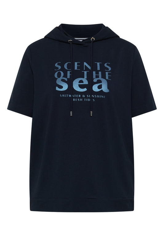 CECIL - Kurzarm Shirt mit Kapuze und Wording - Farbe: universal blue