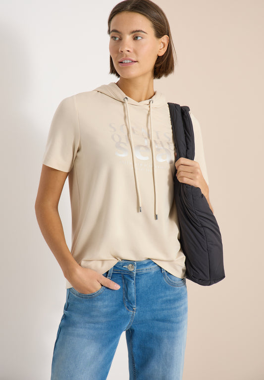CECIL - Kurzarm Shirt mit Kapuze und Wording - Farbe: pearl beige