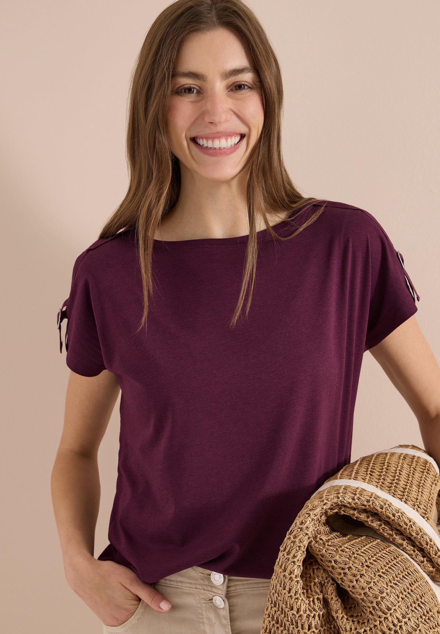 CECIL - Kurzarm Shirt mit Schnallendetail - Farbe: sweet grape red