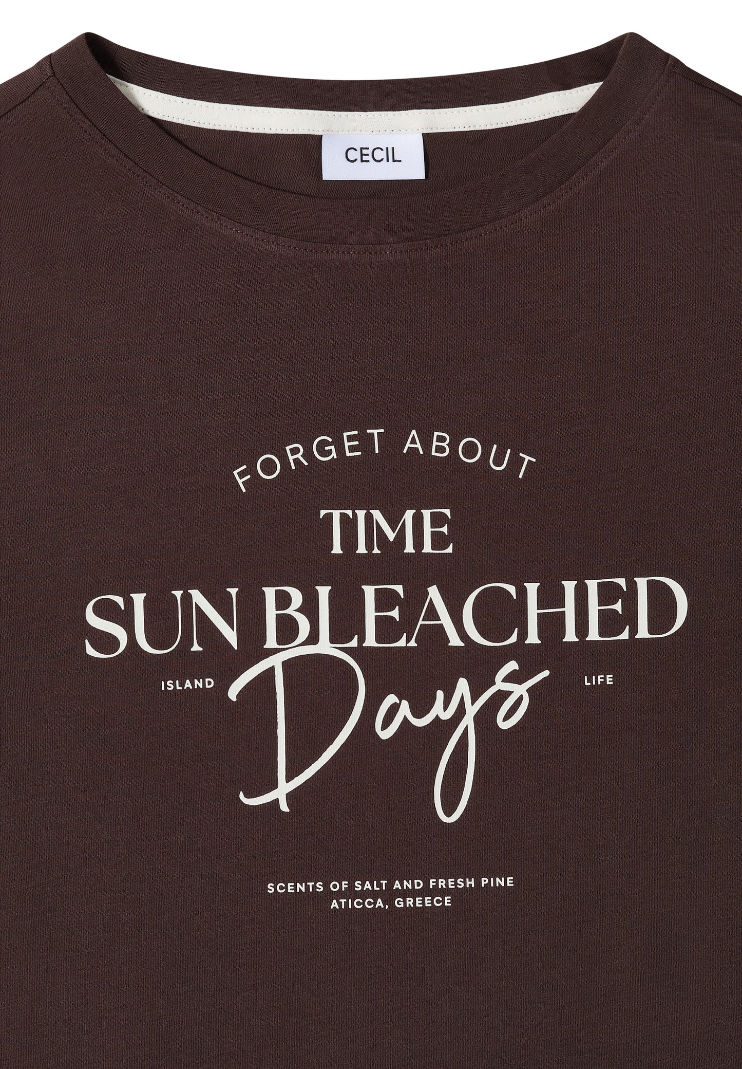 CECIL - T-Shirt mit Boat Neck und Wording Artwork - Farbe: brown cacao