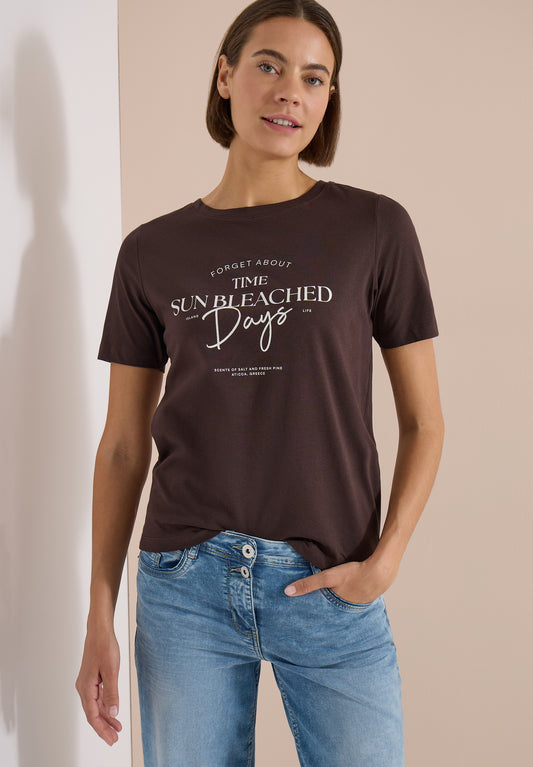 CECIL - T-Shirt mit Boat Neck und Wording Artwork - Farbe: brown cacao