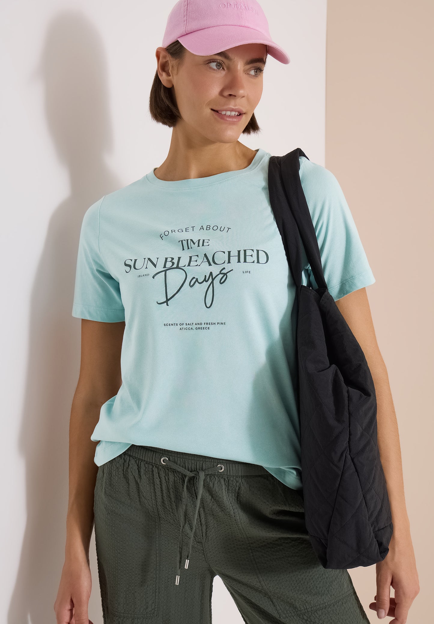 CECIL - T-Shirt mit Boat Neck und Wording Artwork - Farbe: crystal mint
