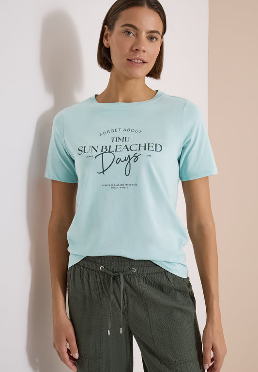 CECIL - T-Shirt mit Boat Neck und Wording Artwork - Farbe: crystal mint