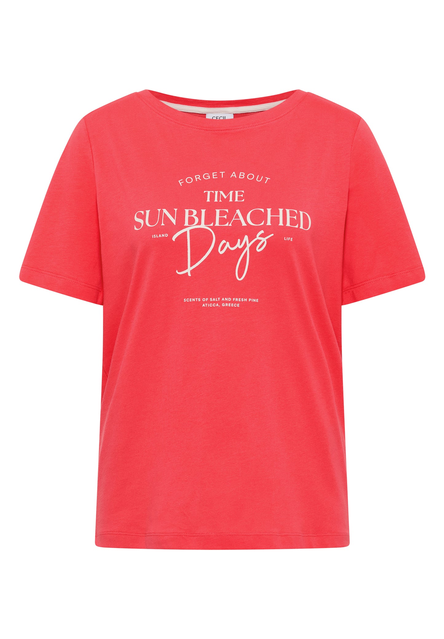 CECIL - T-Shirt mit Boat Neck und Wording Artwork - Farbe: coral
