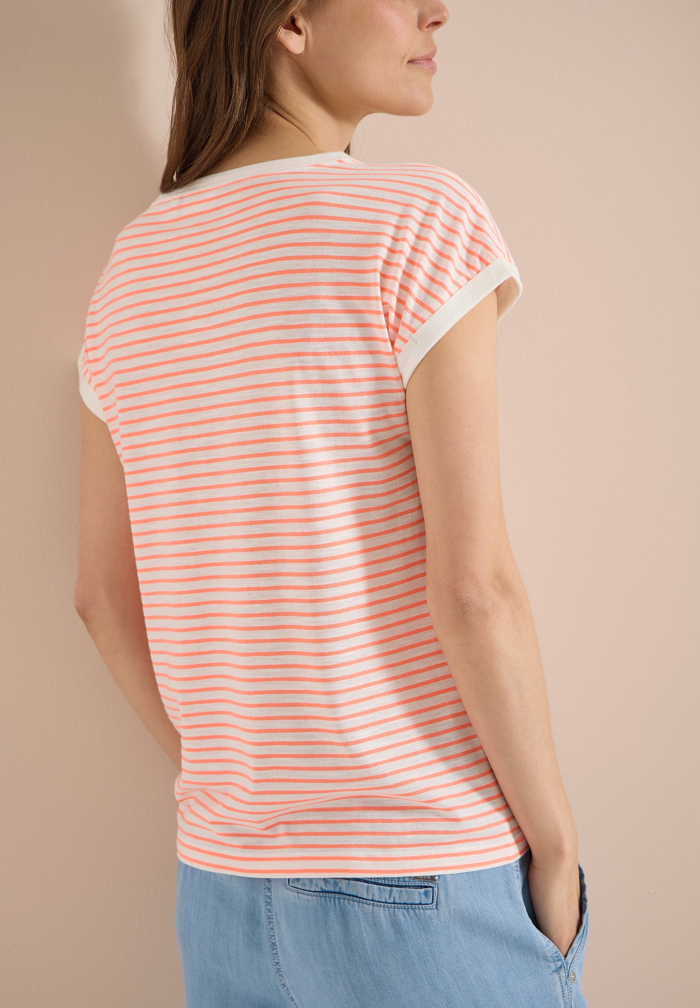 CECIL - T-Shirt mit Boat Neck und Streifen - Farbe: coral