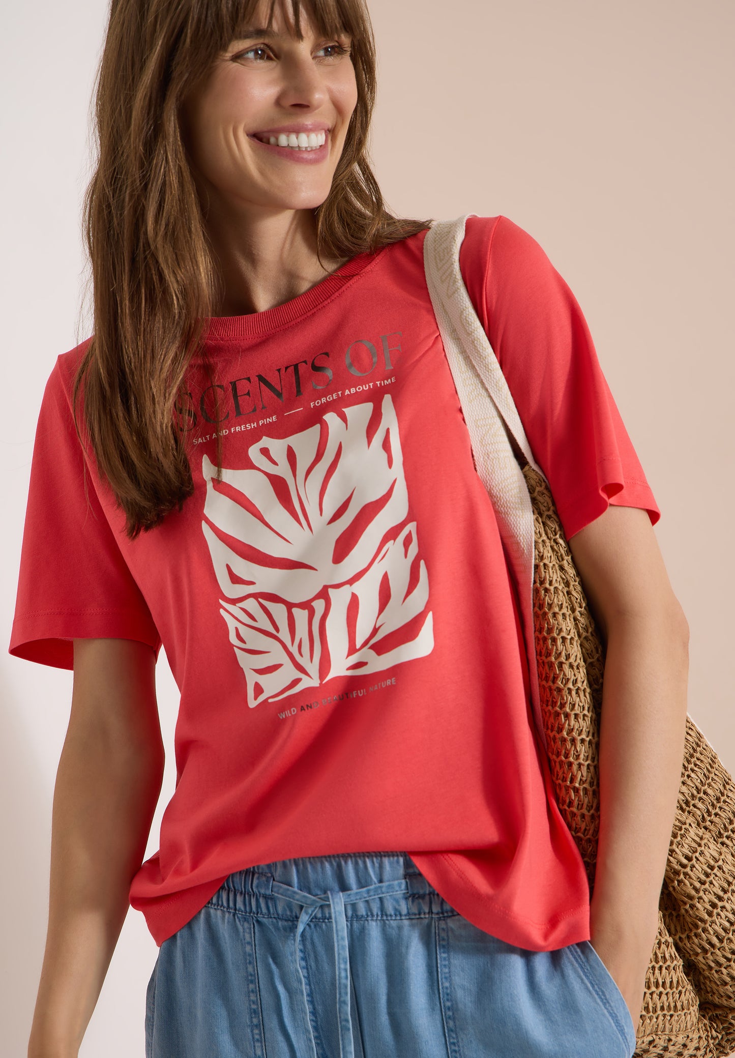 CECIL - T-Shirt mit Rundhals und Frontprint - Farbe: coral