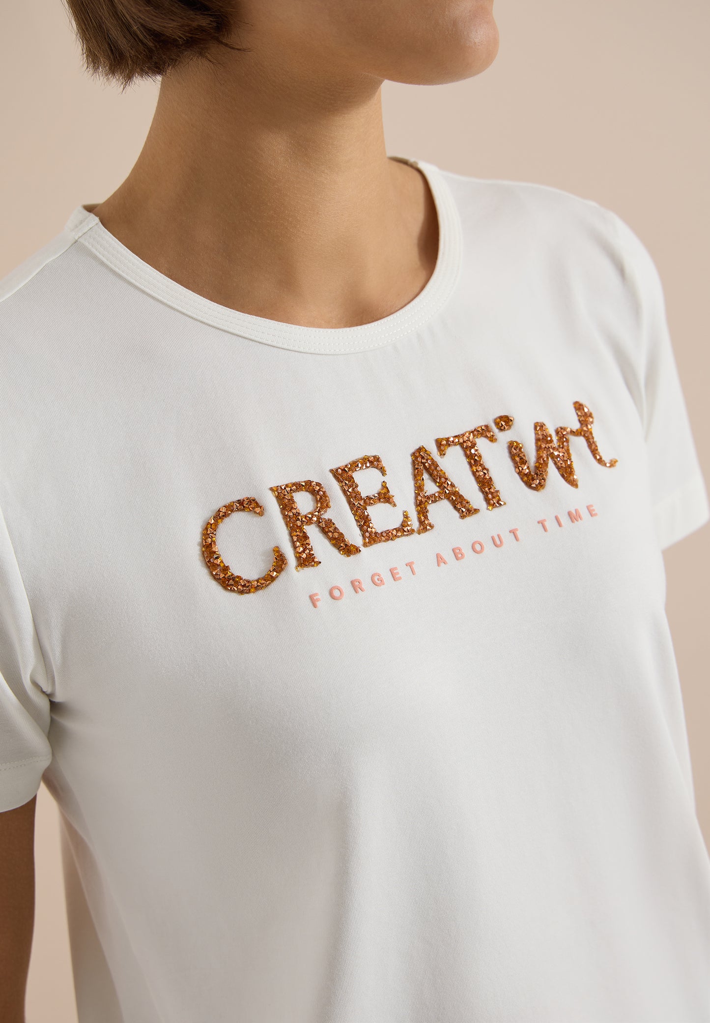 CECIL - T-Shirt mit Rundhals und Glitzer-Wording - Farbe: vanilla white