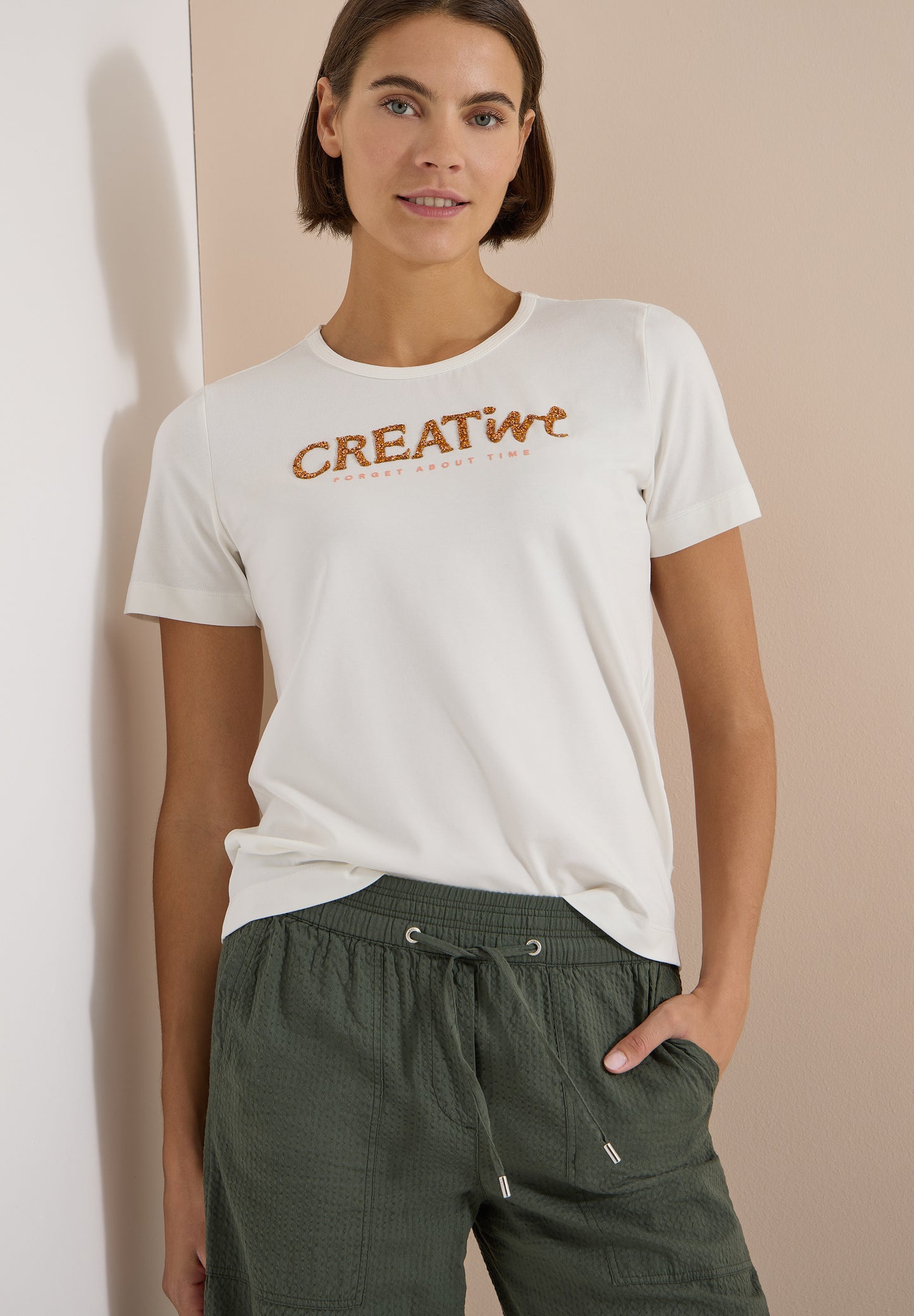 CECIL - T-Shirt mit Rundhals und Glitzer-Wording - Farbe: vanilla white