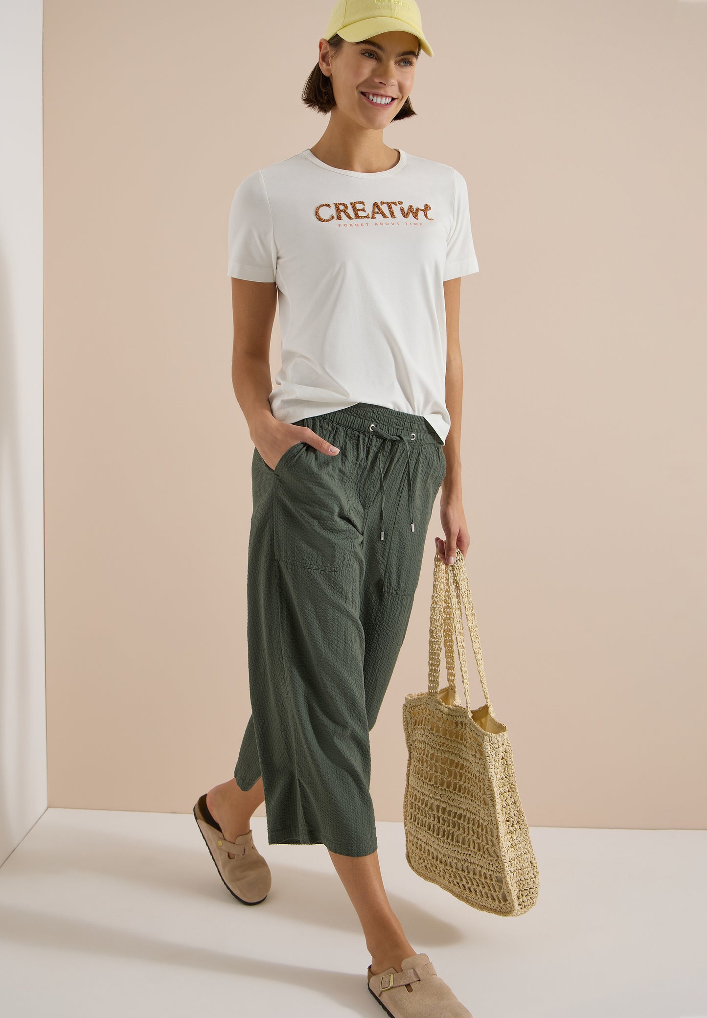 CECIL - T-Shirt mit Rundhals und Glitzer-Wording - Farbe: vanilla white