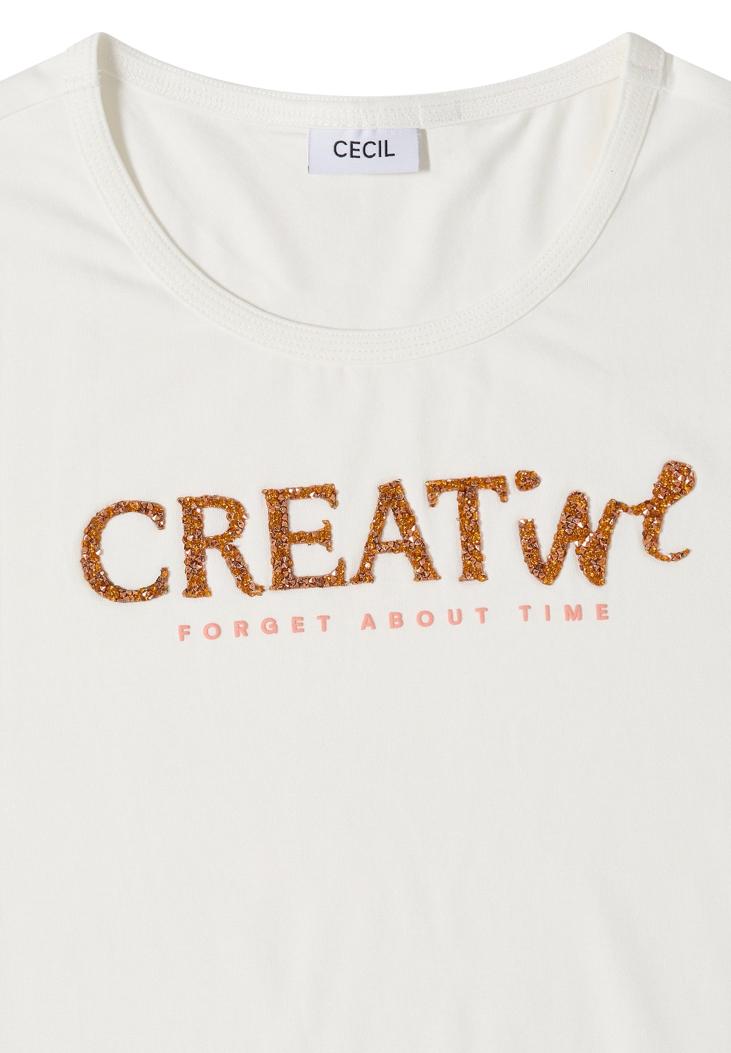 CECIL - T-Shirt mit Rundhals und Glitzer-Wording - Farbe: vanilla white