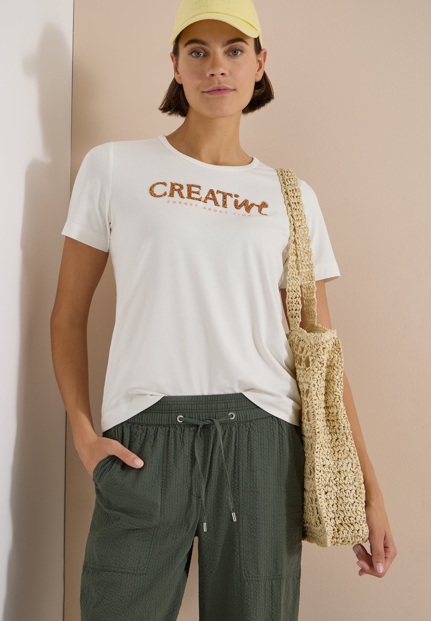 CECIL - T-Shirt mit Rundhals und Glitzer-Wording - Farbe: vanilla white