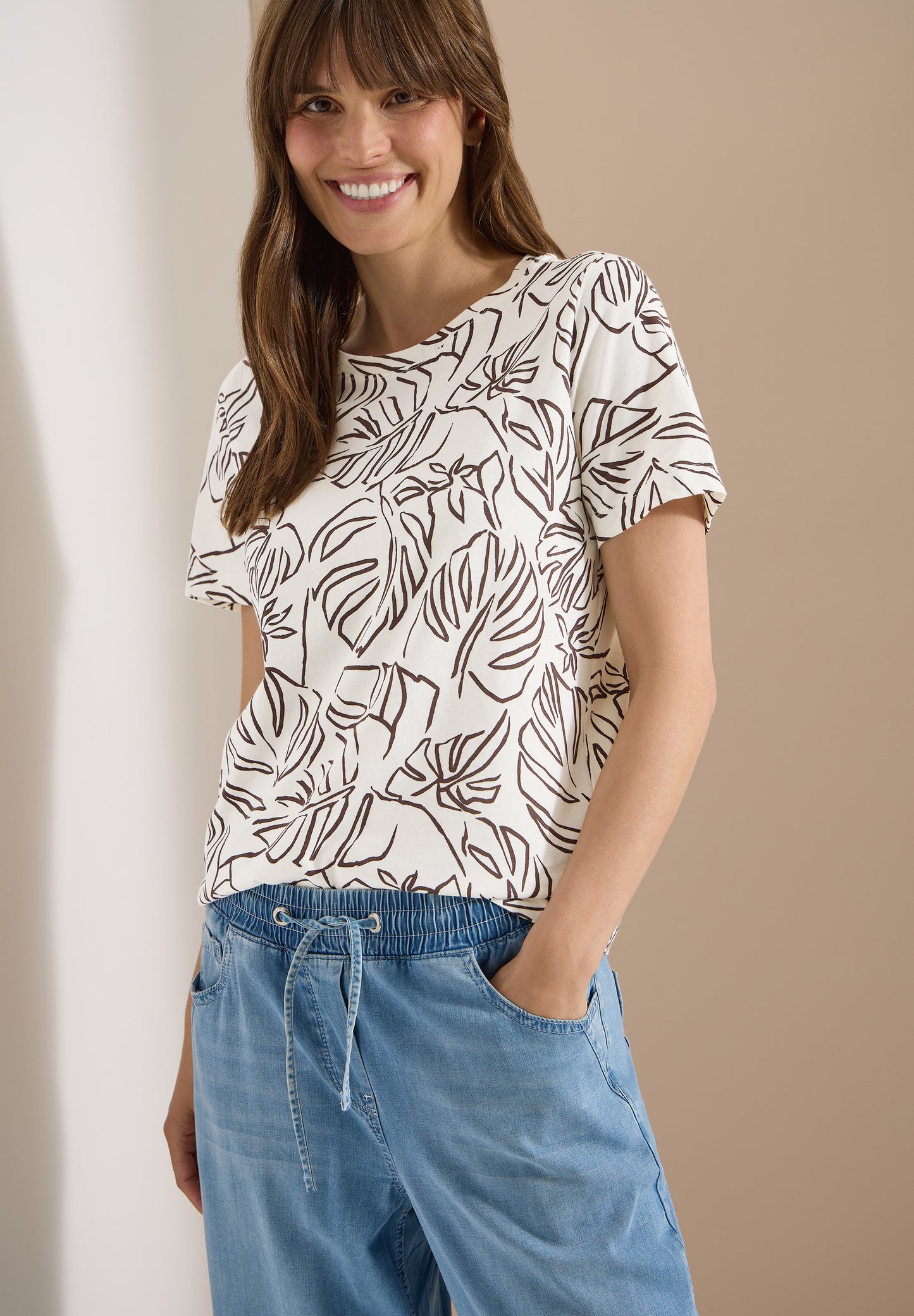 CECIL - T-Shirt mit Rundhals und Blätterprint - Farbe: light alabaster white