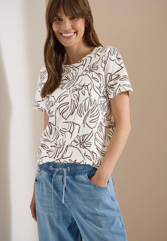CECIL - T-Shirt mit Rundhals und Blätterprint - Farbe: light alabaster white