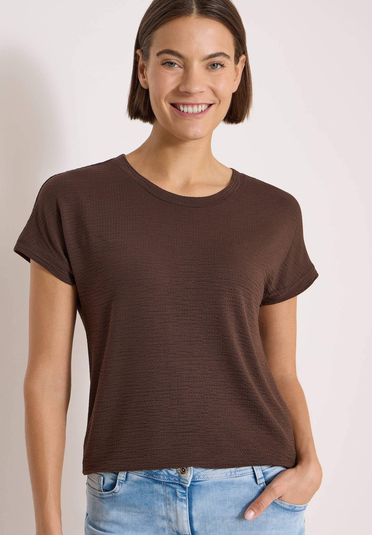 CECIL - T-Shirt mit Rundhals und Struktur - Farbe: brown cacao