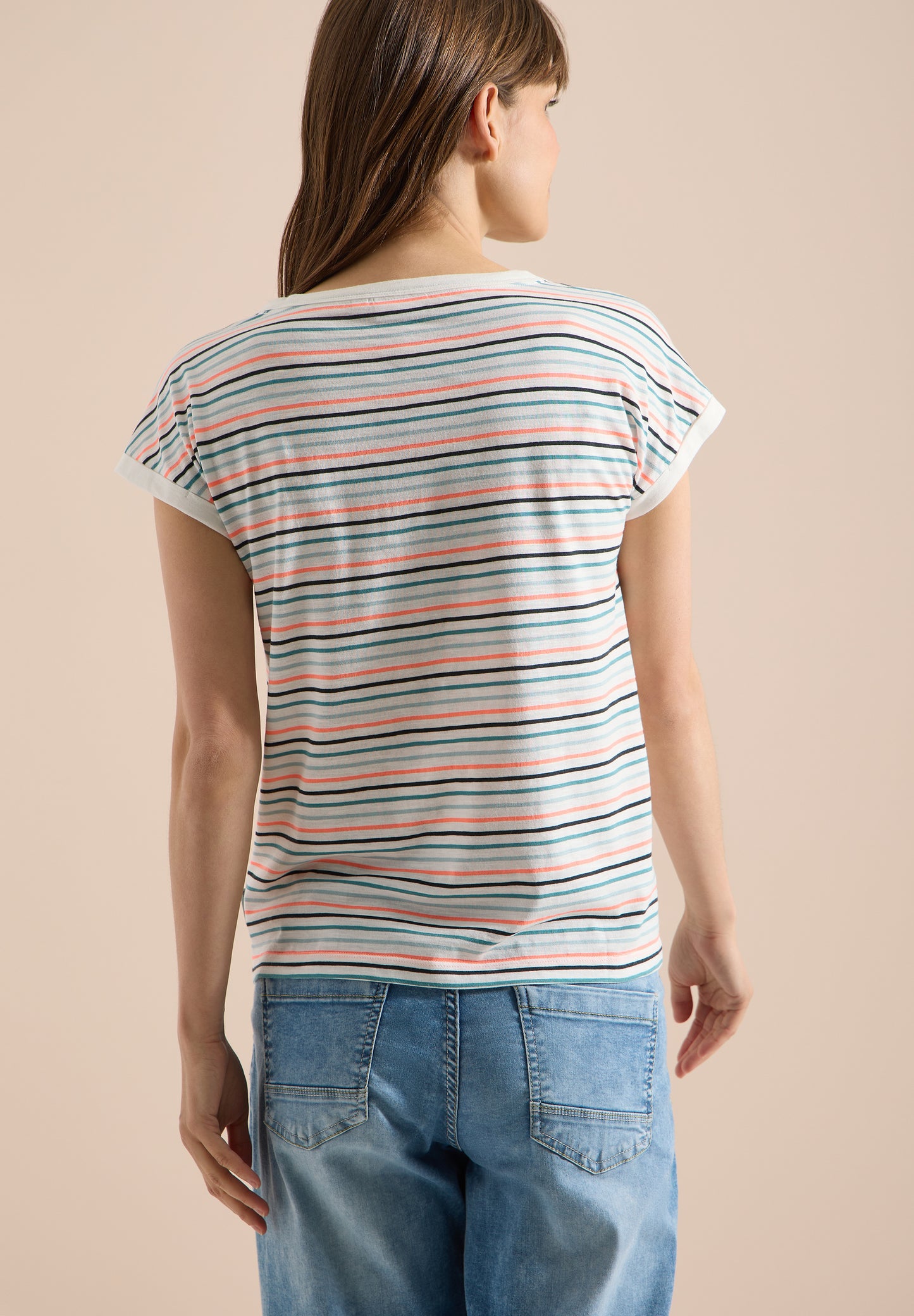CECIL - T-Shirt mit Boat Neck und Turn-Up-Detail - Farbe: vanilla white